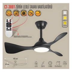 Cata CT-3001 Zürih Ledli Tavan Vantilatörü - Siyah