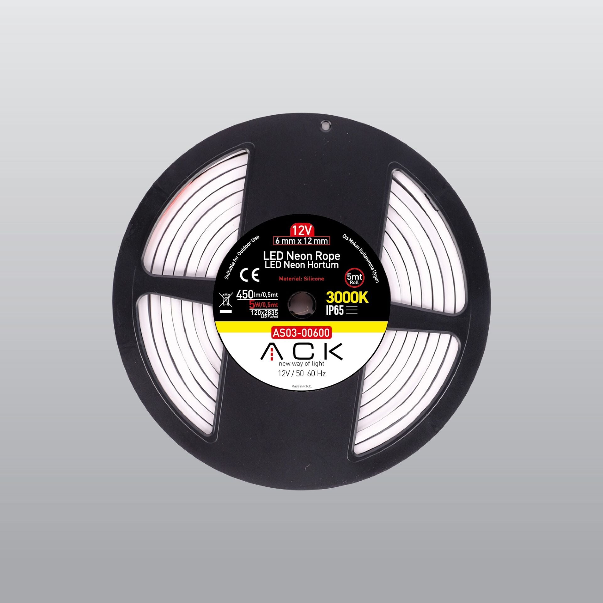 ACK AS03-00600 12V DC Günışığı Dimlenebilir Esnek Neon LED Hortum 5 Metre