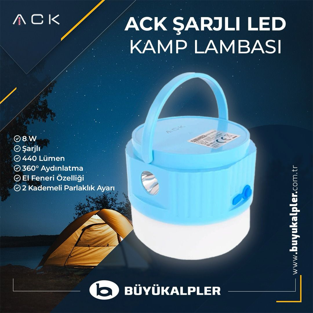 ACK 8W Şarjlı Mavi Gövde 7500K Beyaz Işık Led Kamp Feneri