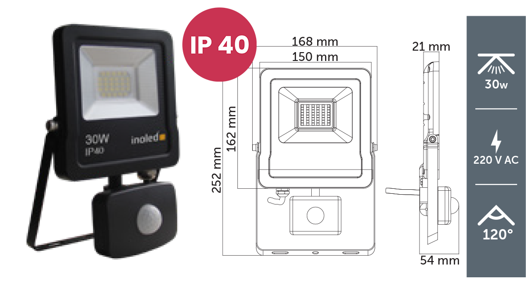 İnoled 30W 6500K IP65 Sensörlü Beyaz Led Projektör 5223-01